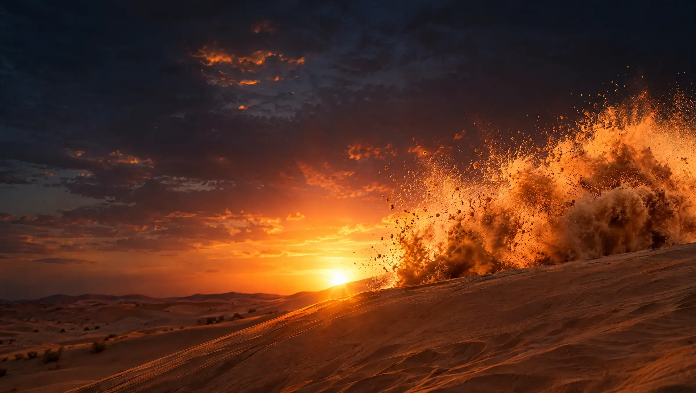 A lifted white pickup launching over a sand dune at sunset, sand spraying from its tyres