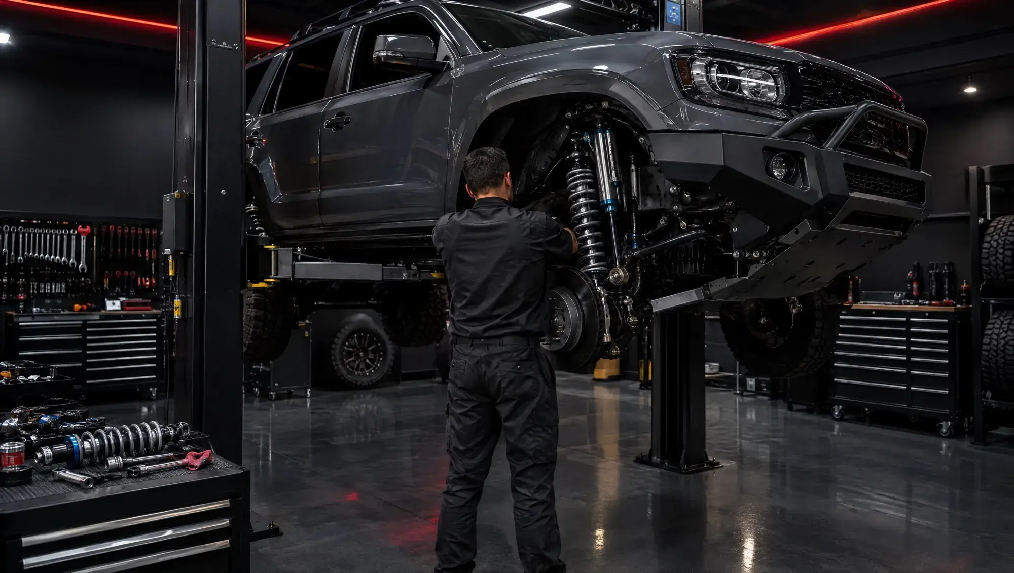 A lifted 4x4 on a workshop lift while a mechanic fits new coilovers